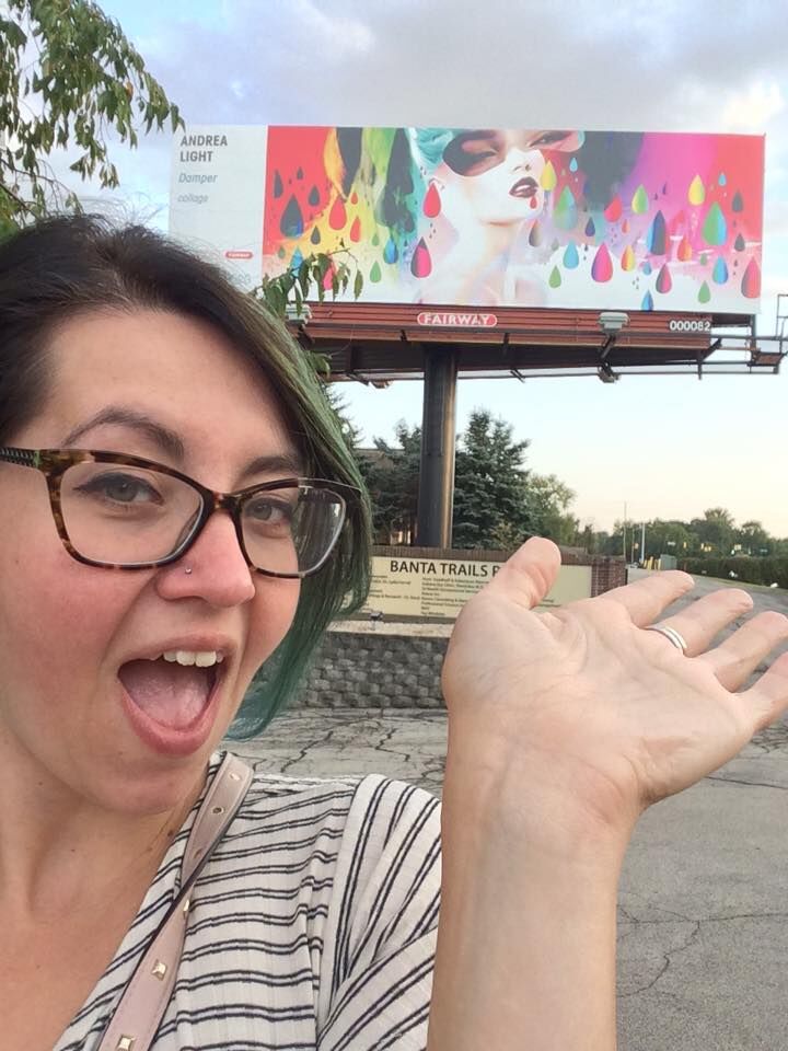 Andrea Light, with her 2017-18 billboard of "Damper" (Collage)